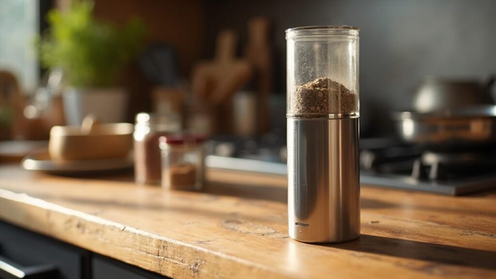 Gros plan d'un moulin à poivre en verre rempli de grains de poivre